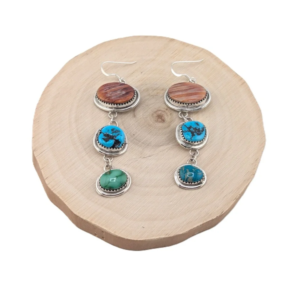 Navajo 3 Stones Drop Dangle Earrings Sterling Silver Handmade Turq‎ Jewelry **